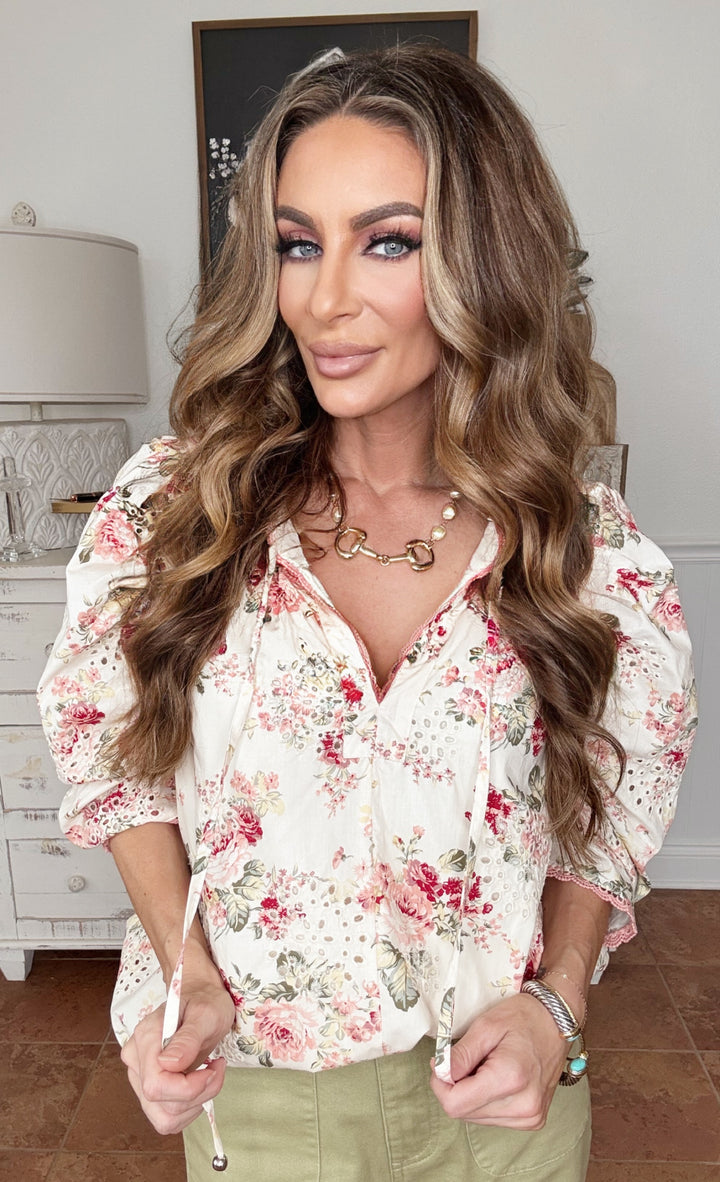 Floral Dahila cream and pink blouse Top-Short Sleeves-Entro-Shop with Bloom West Boutique, Women's Fashion Boutique, Located in Houma, Louisiana