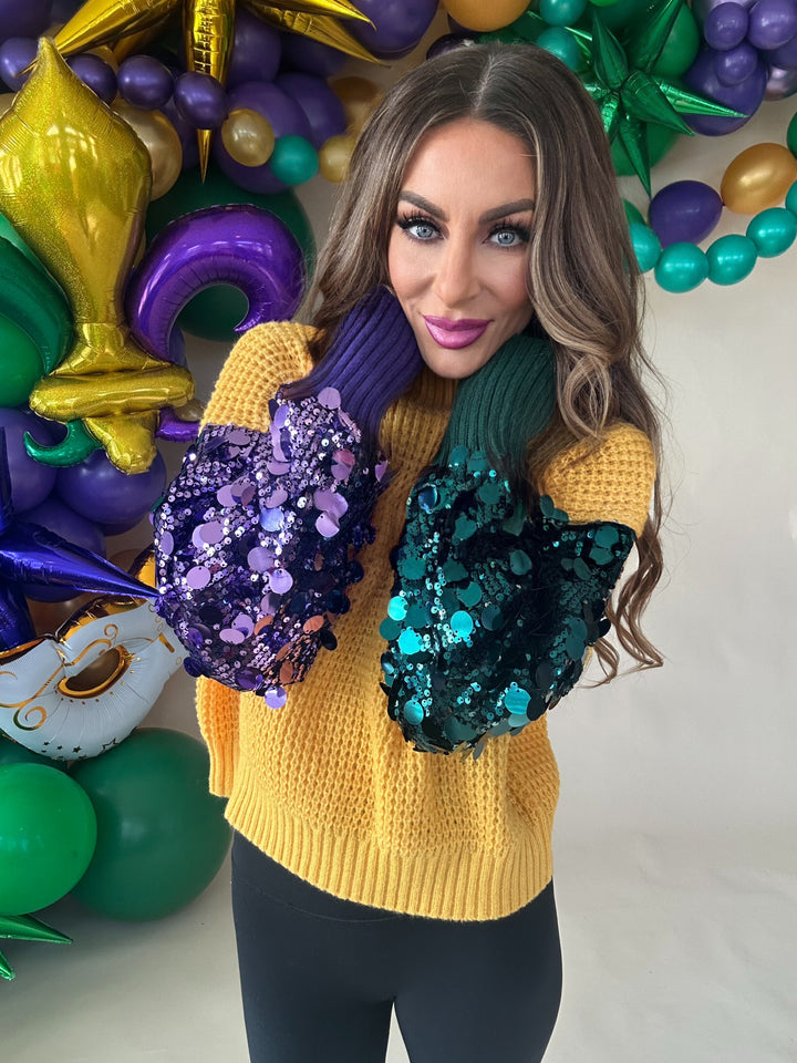 Krewe Spangled Sleeve Mardi Gras Color Block Sweater PREORDER-Sweaters-Bibi-Shop with Bloom West Boutique, Women's Fashion Boutique, Located in Houma, Louisiana