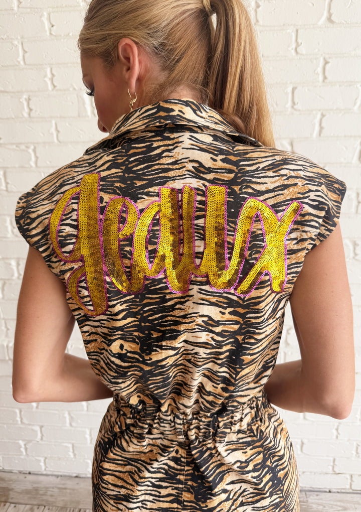 Untamed Tiger Print Geaux Romper-Rompers-Bloom West Boutique-Shop with Bloom West Boutique, Women's Fashion Boutique, Located in Houma, Louisiana