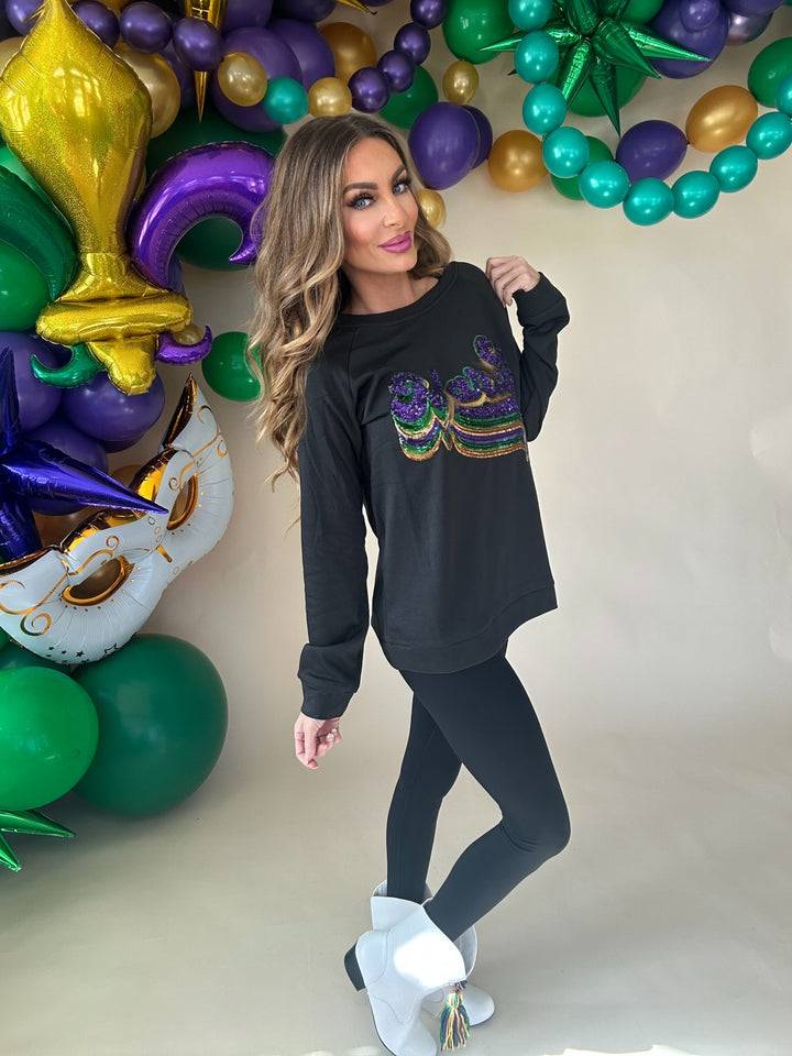 Layered Mardi Sequin Lettering Pullover-Graphic Sweaters-Bibi-Shop with Bloom West Boutique, Women's Fashion Boutique, Located in Houma, Louisiana