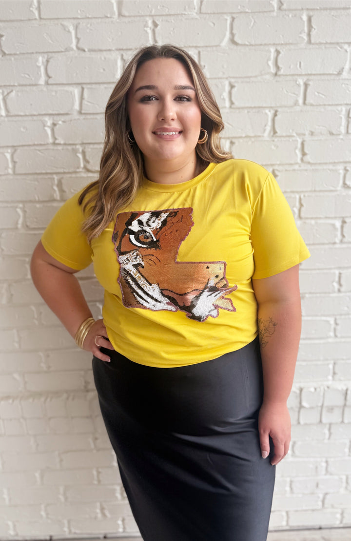 Gold Louisiana Tiger Sequin T-shirt-Graphic Tees-Bloom West Boutique Custom-Shop with Bloom West Boutique, Women's Fashion Boutique, Located in Houma, Louisiana