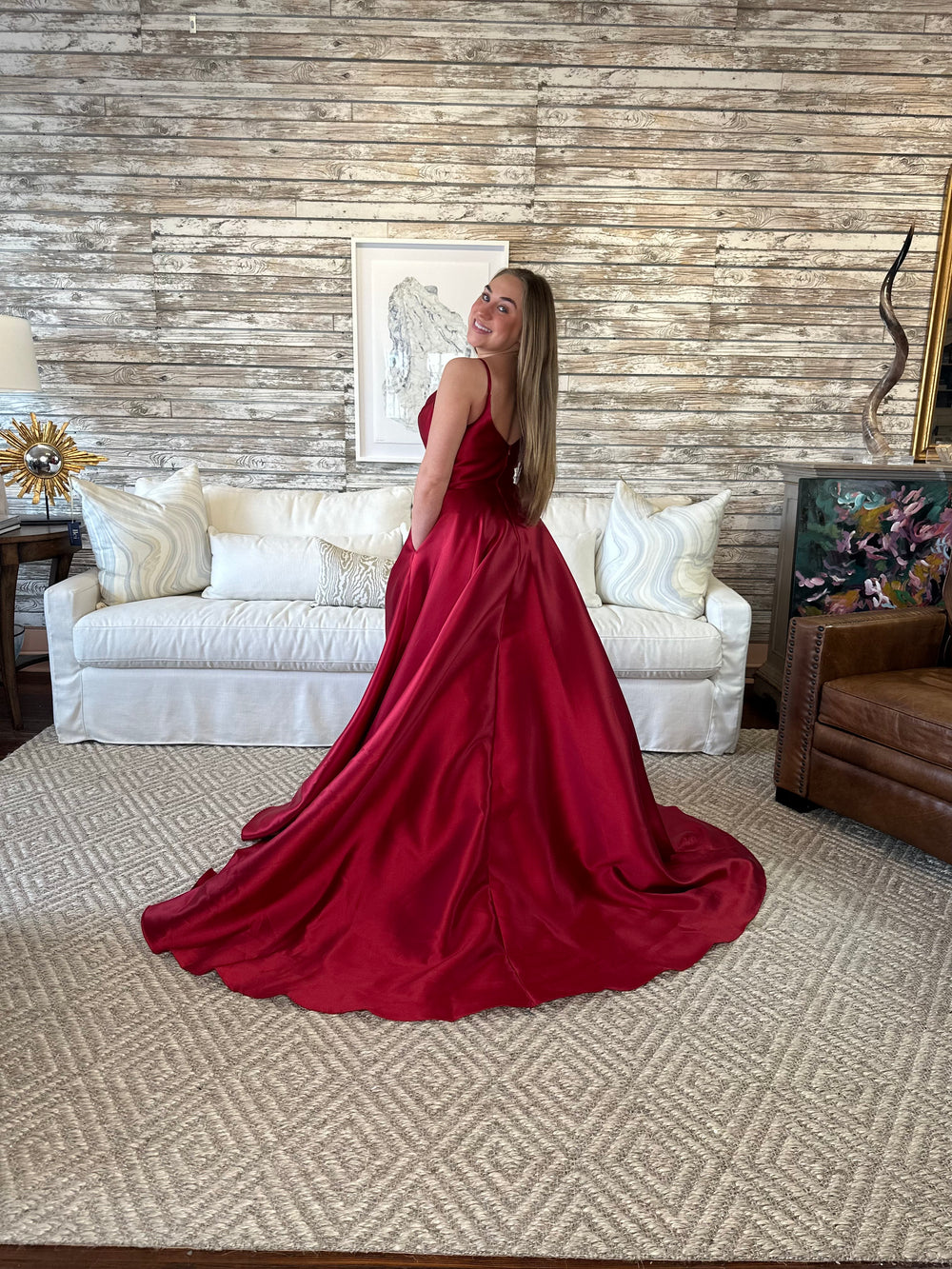 Annika Burgundy Wine Satin Gown-Formal Gowns-Ruby Prom-Shop with Bloom West Boutique, Women's Fashion Boutique, Located in Houma, Louisiana