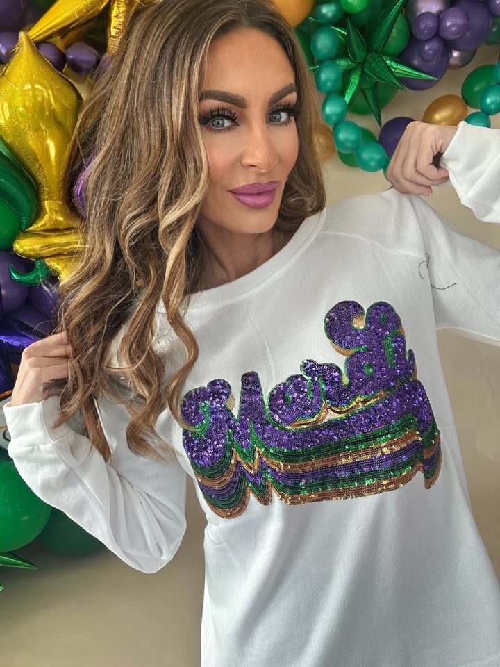 Layered Mardi Sequin Lettering Pullover-Graphic Sweaters-Bibi-Shop with Bloom West Boutique, Women's Fashion Boutique, Located in Houma, Louisiana