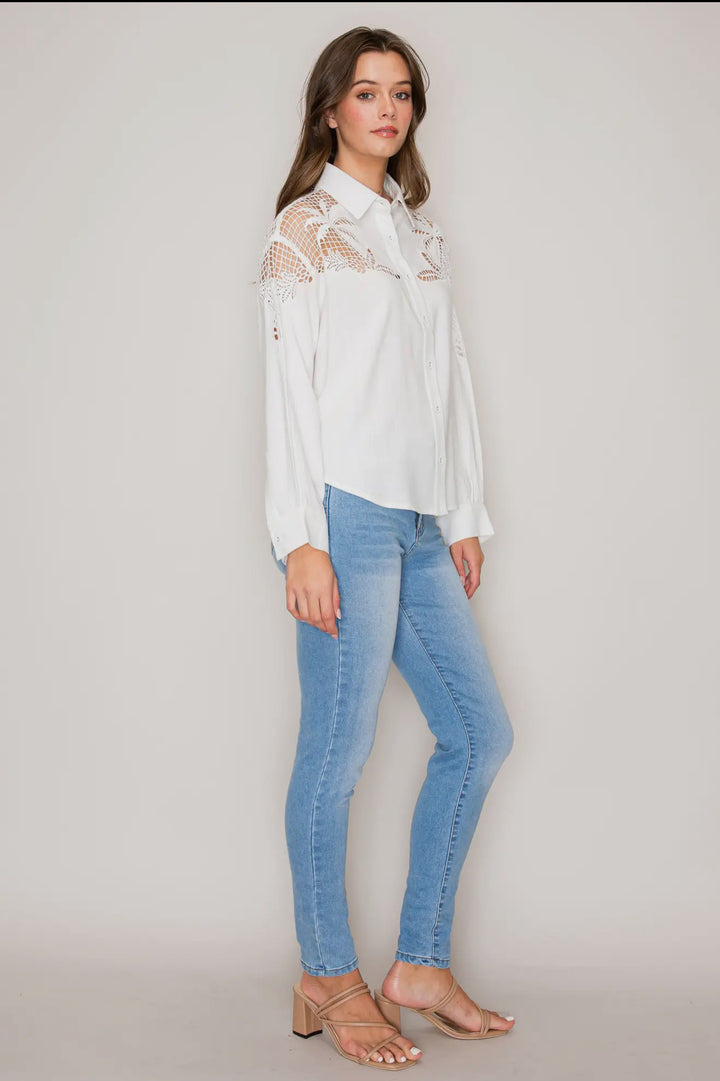 Eyelet Elegance Button Down-Tops-Curds & Whey-Shop with Bloom West Boutique, Women's Fashion Boutique, Located in Houma, Louisiana