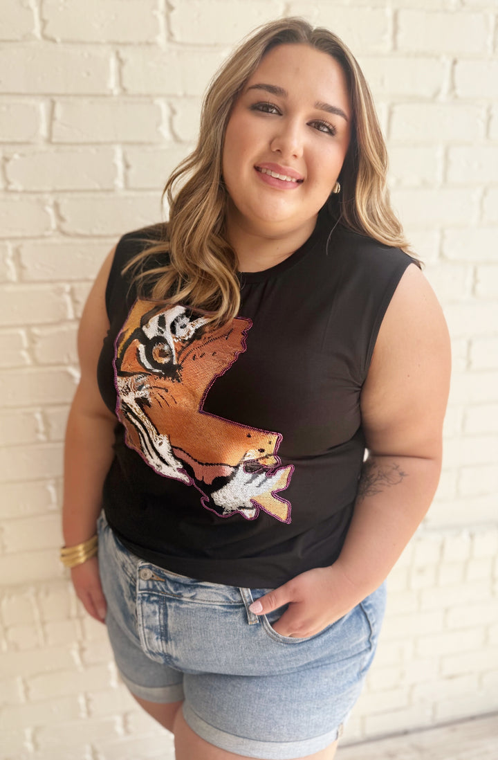 Louisiana Tiger Sequin Sleeveless T-Shirt-Graphic Tees-Bloom West Boutique Custom-Shop with Bloom West Boutique, Women's Fashion Boutique, Located in Houma, Louisiana