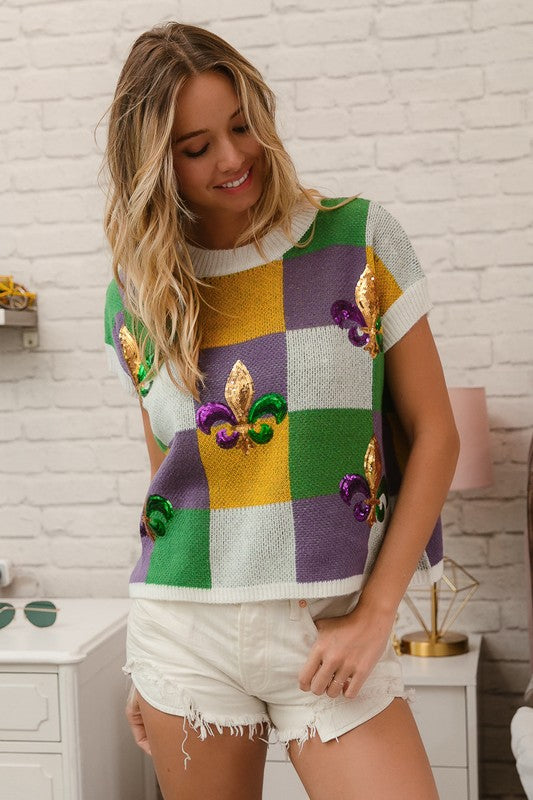 Bacchus Sequin Embroidery Mardi Gras Checker Sweater Top PREORDER-Graphic Sweaters-Bibi-Shop with Bloom West Boutique, Women's Fashion Boutique, Located in Houma, Louisiana