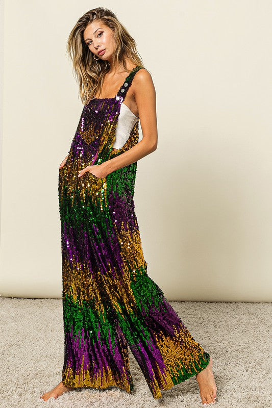 Mardi Gras Color Block Overalls Preorder-Jumpsuits-Bibi-Shop with Bloom West Boutique, Women's Fashion Boutique, Located in Houma, Louisiana