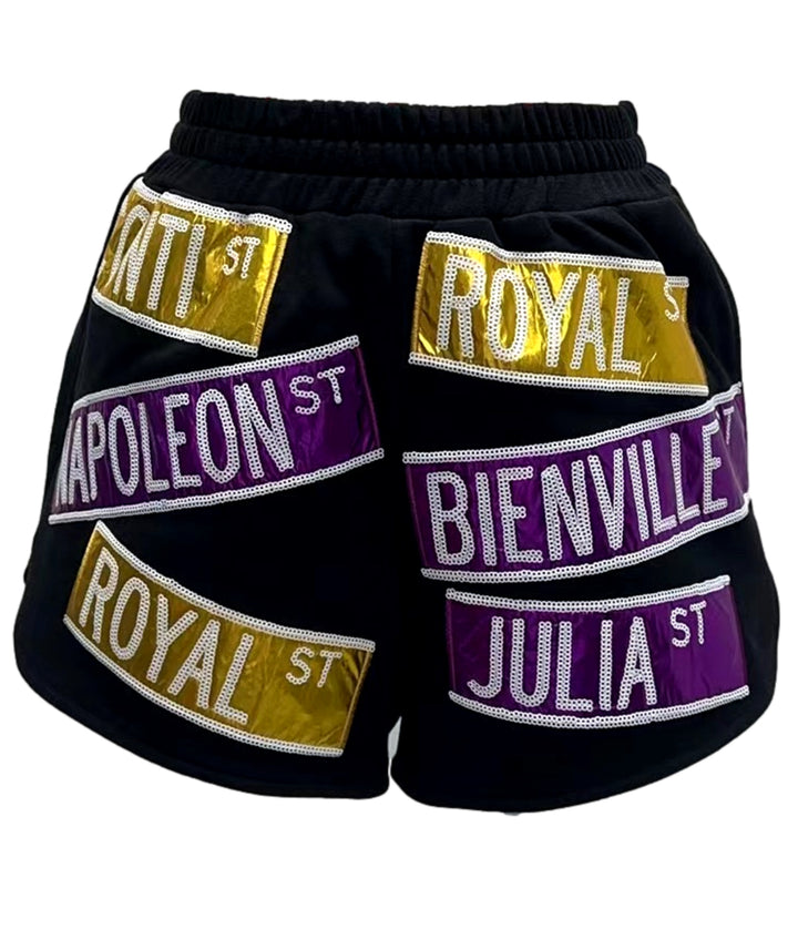 Queen of Sparkles Black Metallic Nola Street Sign Mardi Shorts-QOS Bottoms-Queen Of Sparkles-Shop with Bloom West Boutique, Women's Fashion Boutique, Located in Houma, Louisiana