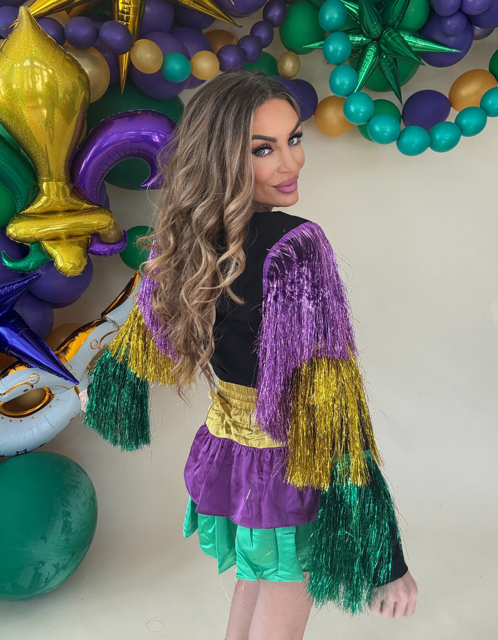 Tiered Tinsel Fringe Mardi Gras Top-Long Sleeves-Bibi-Shop with Bloom West Boutique, Women's Fashion Boutique, Located in Houma, Louisiana