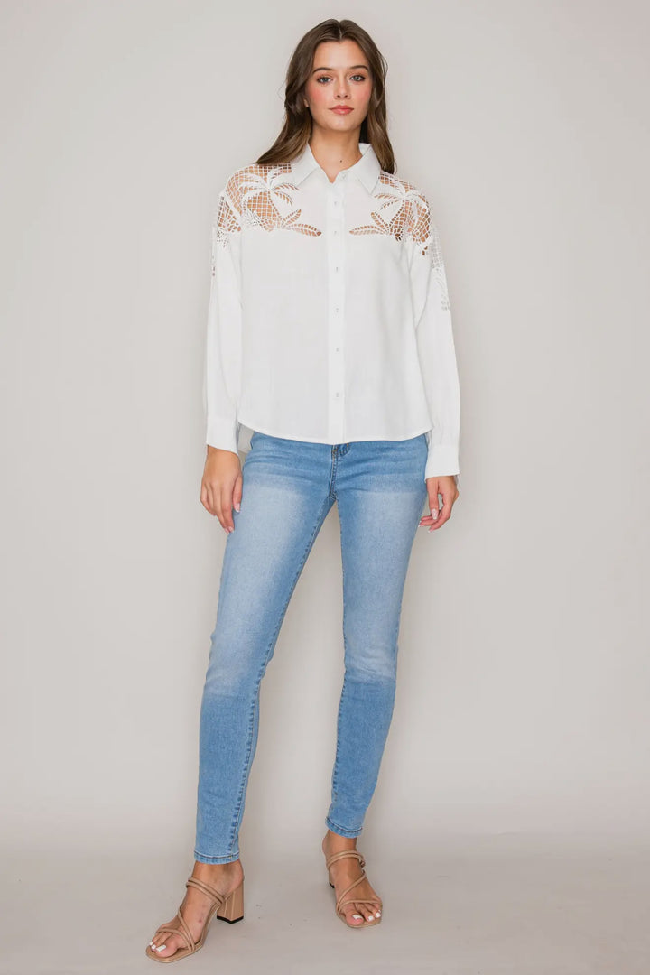 Eyelet Elegance Button Down-Tops-Curds & Whey-Shop with Bloom West Boutique, Women's Fashion Boutique, Located in Houma, Louisiana
