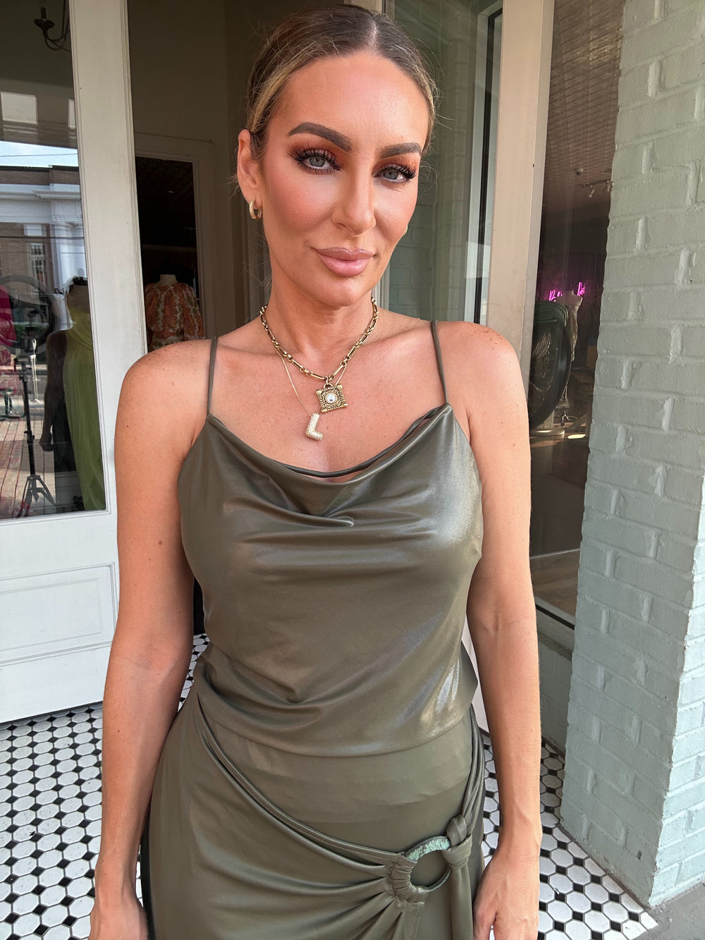 Wren String Cowl Neck Glossy Tank-Sleeveless-skies are blue-Shop with Bloom West Boutique, Women's Fashion Boutique, Located in Houma, Louisiana