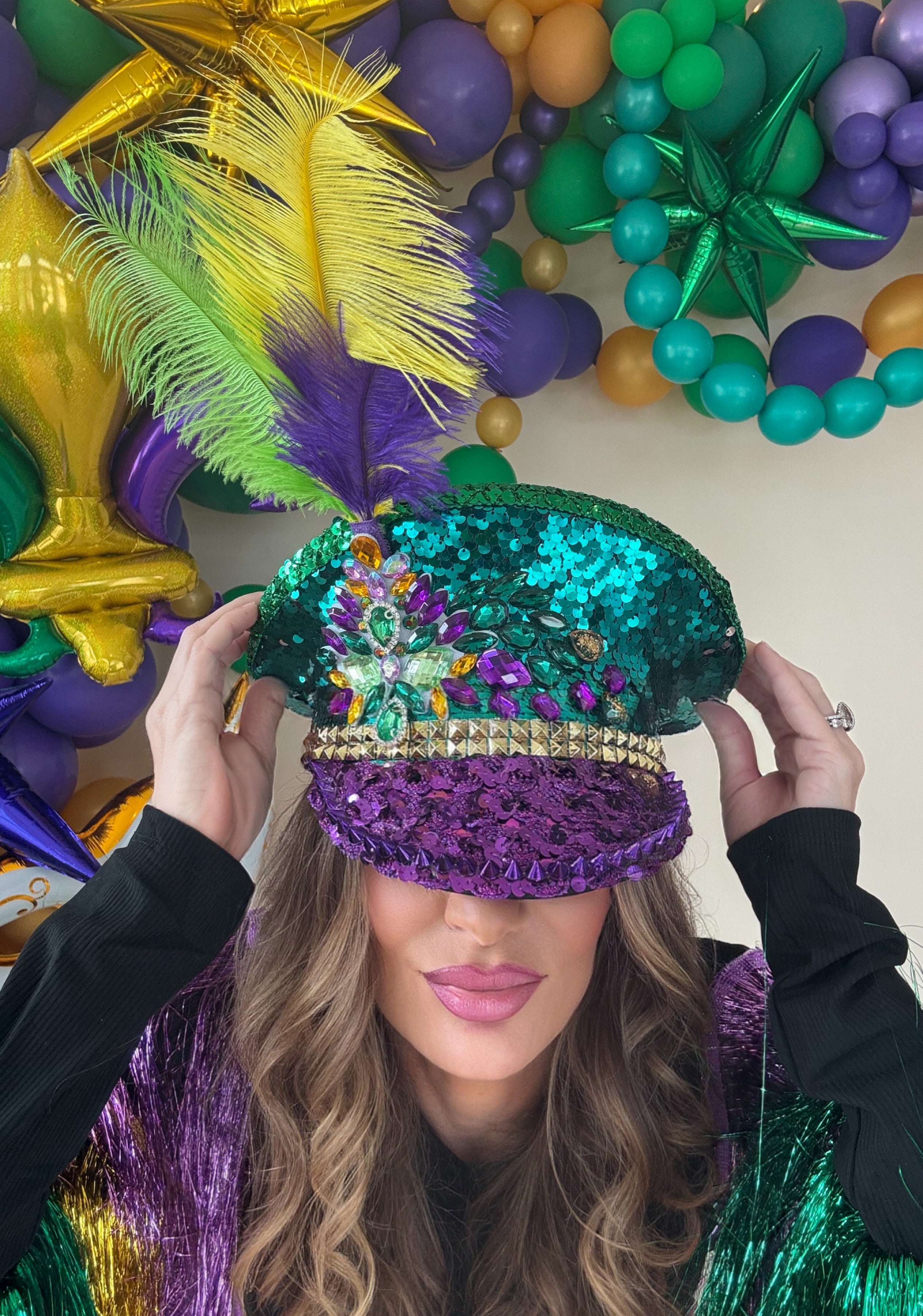 Dark Blue Denim Mask Patch Mardi Gras Sequin Brim Baseball Cap Hat Elonmo Washed Denim Blue Rhinestone Blessed Baseball Cap for  main image 4