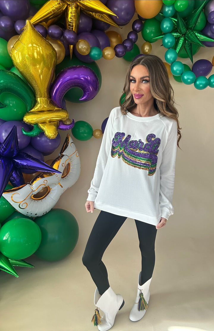 Layered Mardi Sequin Lettering Pullover-Graphic Sweaters-Bibi-Shop with Bloom West Boutique, Women's Fashion Boutique, Located in Houma, Louisiana