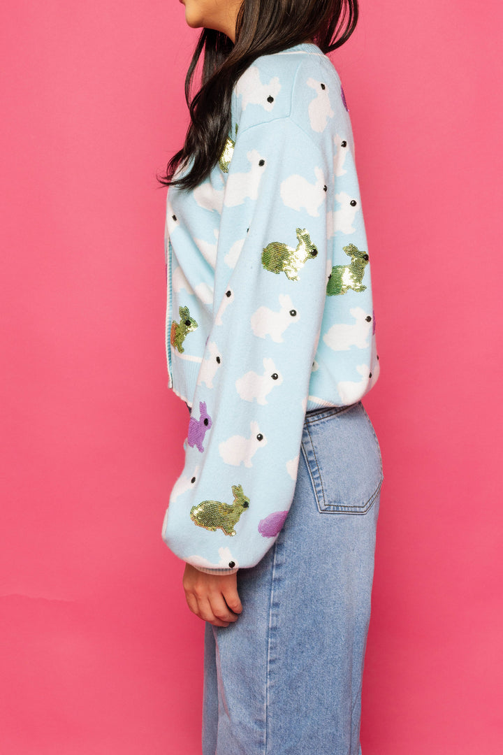 Queen Of Sparkles Blue Scattered Bunny Cardigan-QOS Tops-Queen Of Sparkles-Shop with Bloom West Boutique, Women's Fashion Boutique, Located in Houma, Louisiana