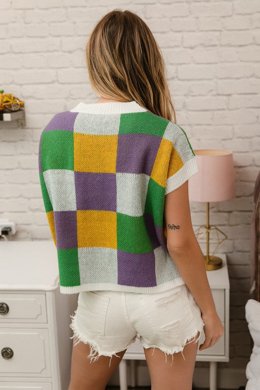 Bacchus Sequin Embroidery Mardi Gras Checker Sweater Top PREORDER-Graphic Sweaters-Bibi-Shop with Bloom West Boutique, Women's Fashion Boutique, Located in Houma, Louisiana