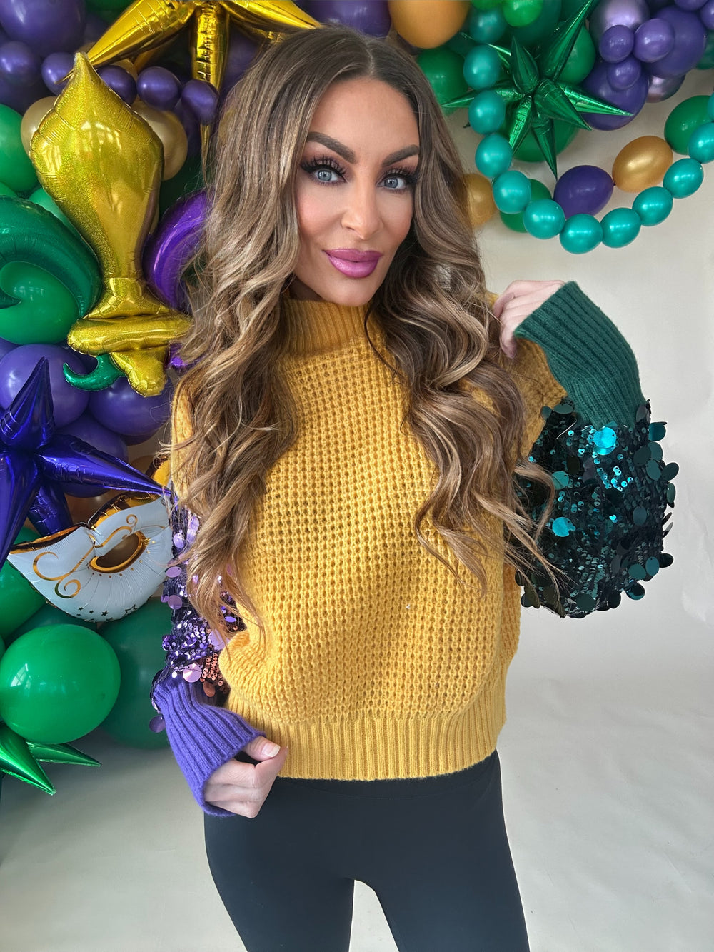 Krewe Spangled Sleeve Mardi Gras Color Block Sweater PREORDER-Sweaters-Bibi-Shop with Bloom West Boutique, Women's Fashion Boutique, Located in Houma, Louisiana