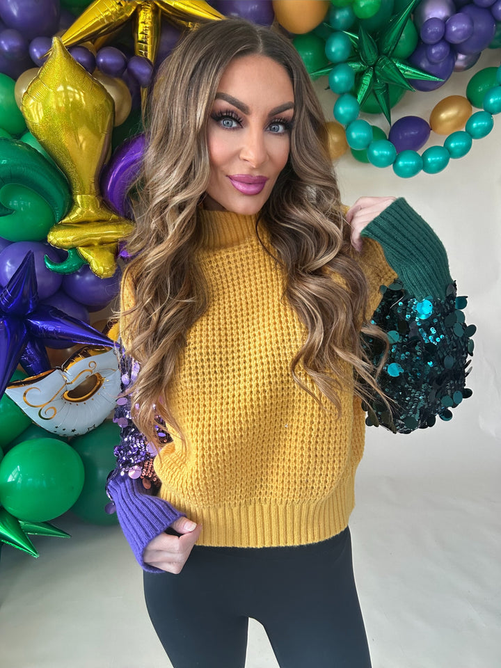 Krewe Spangled Sleeve Mardi Gras Color Block Sweater PREORDER-Sweaters-Bibi-Shop with Bloom West Boutique, Women's Fashion Boutique, Located in Houma, Louisiana