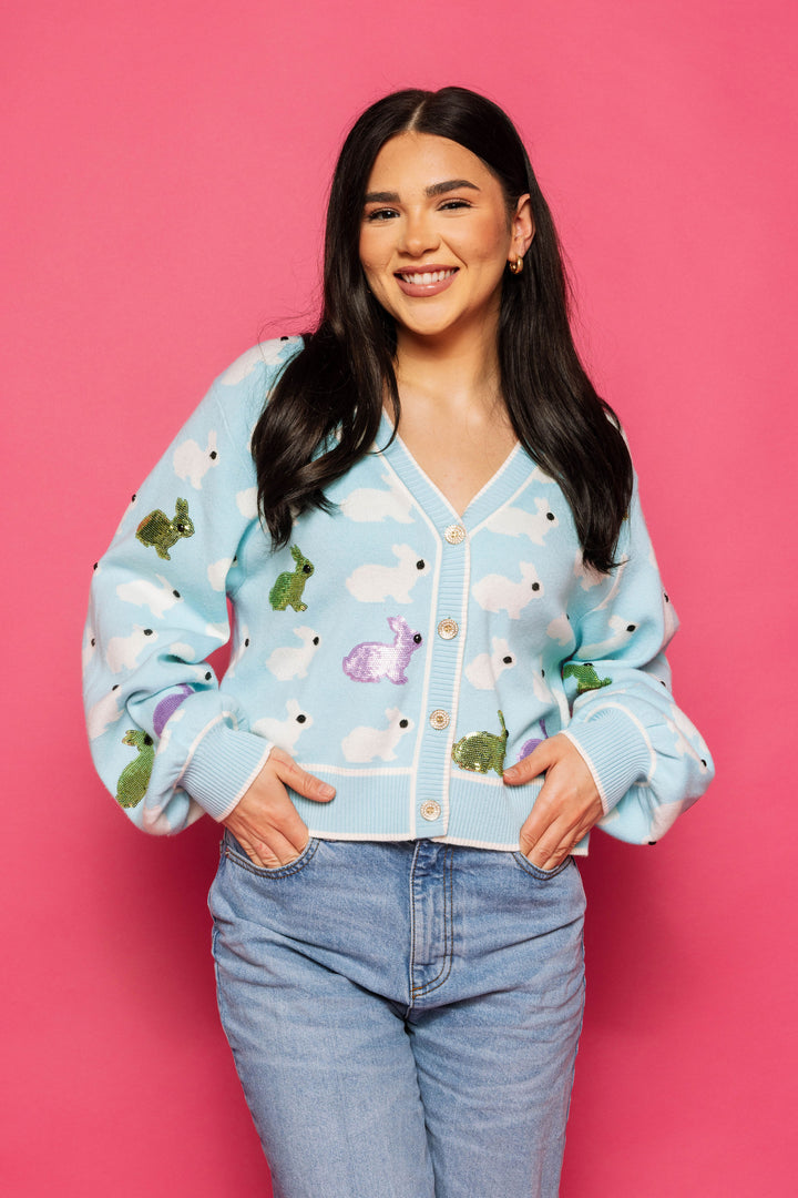 Queen Of Sparkles Blue Scattered Bunny Cardigan-QOS Tops-Queen Of Sparkles-Shop with Bloom West Boutique, Women's Fashion Boutique, Located in Houma, Louisiana