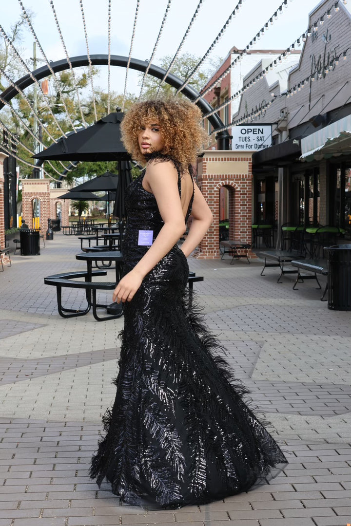 Anity Embellished Fitted Gown With Feather Detail-Formal Gowns-17 young dress-Shop with Bloom West Boutique, Women's Fashion Boutique, Located in Houma, Louisiana