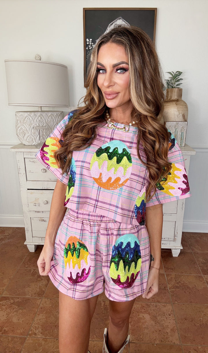 Queens Of Sparkles Plaid Easter Egg Shorts-QOS Bottoms-Queen Of Sparkles-Shop with Bloom West Boutique, Women's Fashion Boutique, Located in Houma, Louisiana