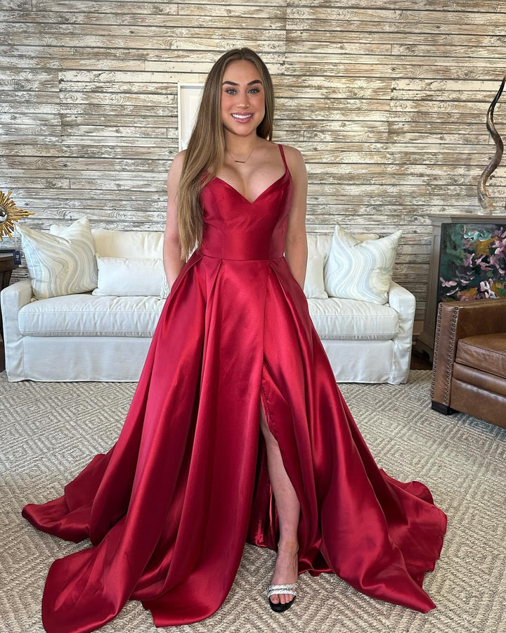 Annika Burgundy Wine Satin Gown-Formal Gowns-Ruby Prom-Shop with Bloom West Boutique, Women's Fashion Boutique, Located in Houma, Louisiana