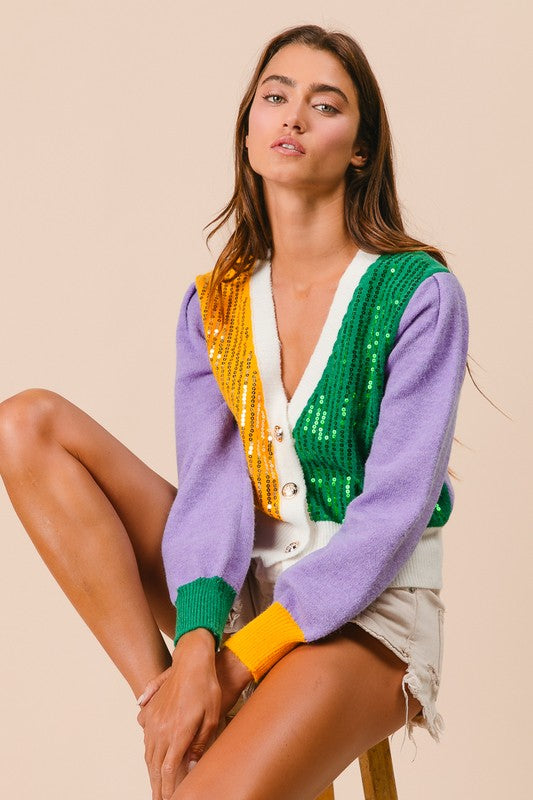 Mardi Gras Color Block Sequin Cardigan PREORDER-Cardigans-Bibi-Shop with Bloom West Boutique, Women's Fashion Boutique, Located in Houma, Louisiana