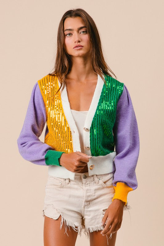 Mardi Gras Color Block Sequin Cardigan PREORDER-Cardigans-Bibi-Shop with Bloom West Boutique, Women's Fashion Boutique, Located in Houma, Louisiana