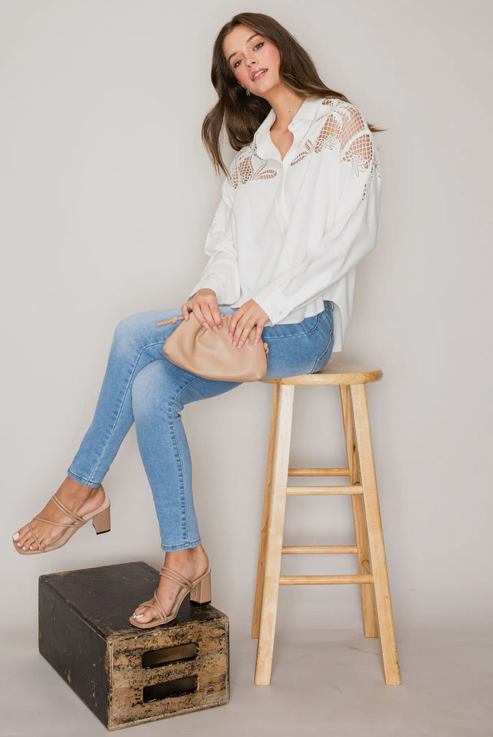 Eyelet Elegance Button Down-Tops-Curds & Whey-Shop with Bloom West Boutique, Women's Fashion Boutique, Located in Houma, Louisiana