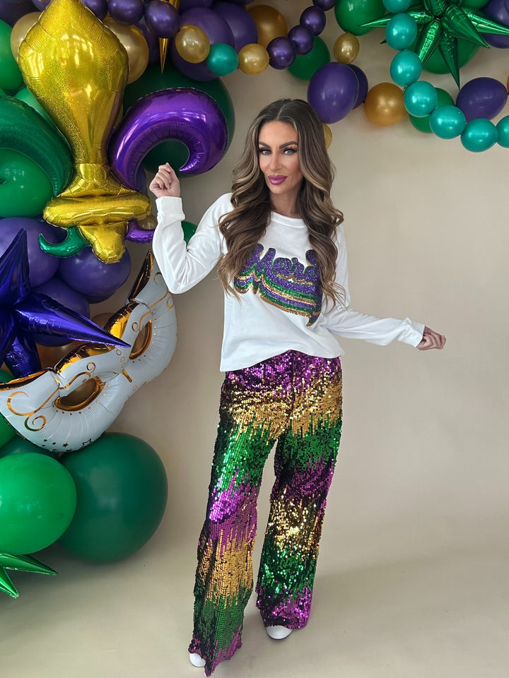 Mardi Gras Sequin Wide Leg Pants PREORDER-Pants-Bibi-Shop with Bloom West Boutique, Women's Fashion Boutique, Located in Houma, Louisiana