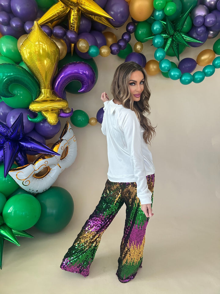 Mardi Gras Sequin Wide Leg Pants PREORDER-Pants-Bibi-Shop with Bloom West Boutique, Women's Fashion Boutique, Located in Houma, Louisiana