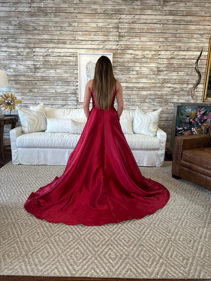 Annika Burgundy Wine Satin Gown-Formal Gowns-Ruby Prom-Shop with Bloom West Boutique, Women's Fashion Boutique, Located in Houma, Louisiana