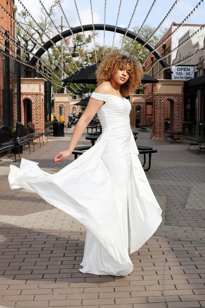 Ballentine Draped Off The Shoulder Bridal Gown-Formal Gowns-ladivine by cinderella-Shop with Bloom West Boutique, Women's Fashion Boutique, Located in Houma, Louisiana