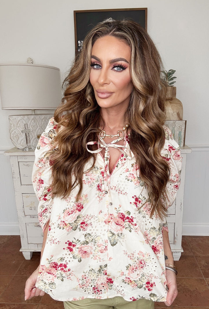 Floral Dahila cream and pink blouse Top-Short Sleeves-Entro-Shop with Bloom West Boutique, Women's Fashion Boutique, Located in Houma, Louisiana