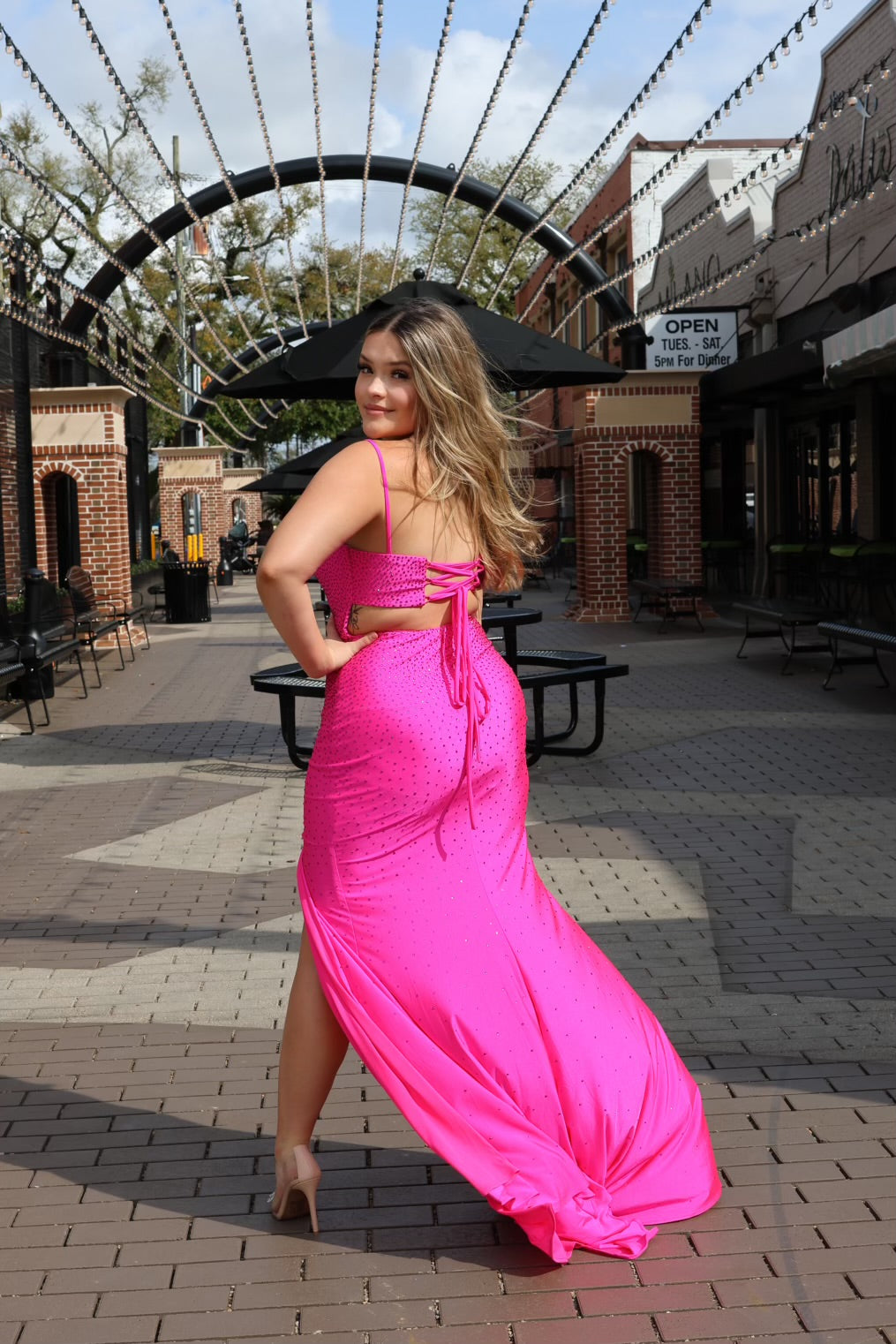 Declynn Stretch Satin Gown W/Hotstone Detail & Keyhole-Formal Gowns-ladivine by cinderella-Shop with Bloom West Boutique, Women's Fashion Boutique, Located in Houma, Louisiana