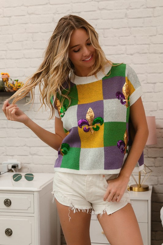 Bacchus Sequin Embroidery Mardi Gras Checker Sweater Top PREORDER-Graphic Sweaters-Bibi-Shop with Bloom West Boutique, Women's Fashion Boutique, Located in Houma, Louisiana