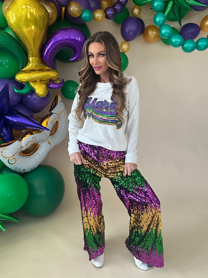 Mardi Gras Sequin Wide Leg Pants PREORDER-Pants-Bibi-Shop with Bloom West Boutique, Women's Fashion Boutique, Located in Houma, Louisiana