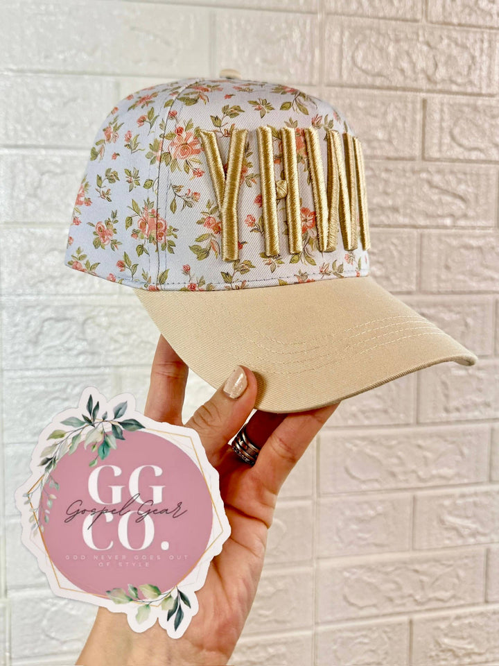 Floral YHWH Puff Embroidered Hat-Gospel Gear Co-Shop with Bloom West Boutique, Women's Fashion Boutique, Located in Houma, Louisiana