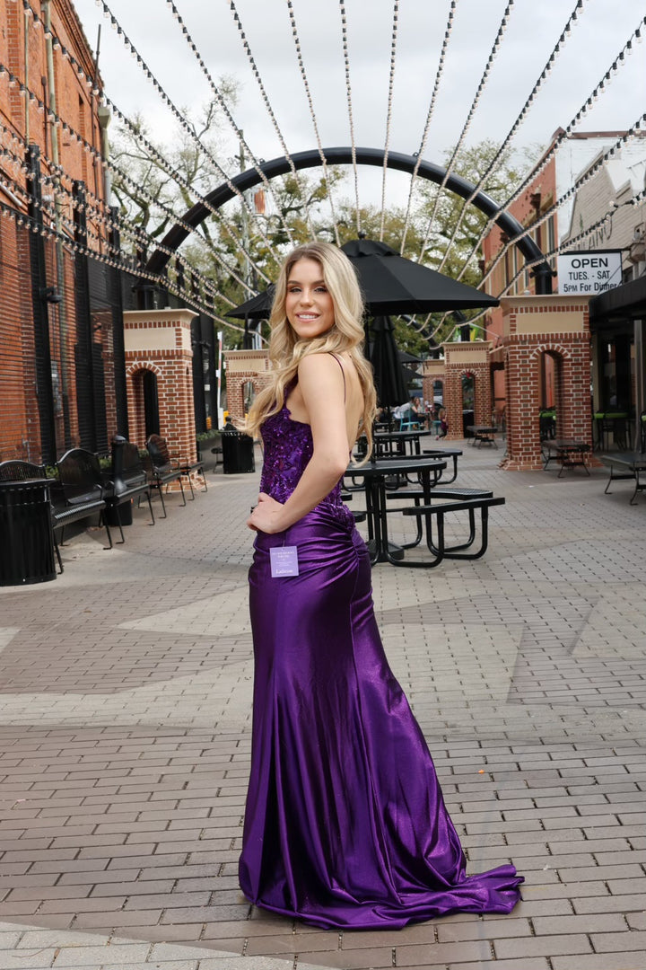 Katanna Stretch Satin Glitter & Lace Fitted Gown-Formal Gowns-17 young dress-Shop with Bloom West Boutique, Women's Fashion Boutique, Located in Houma, Louisiana