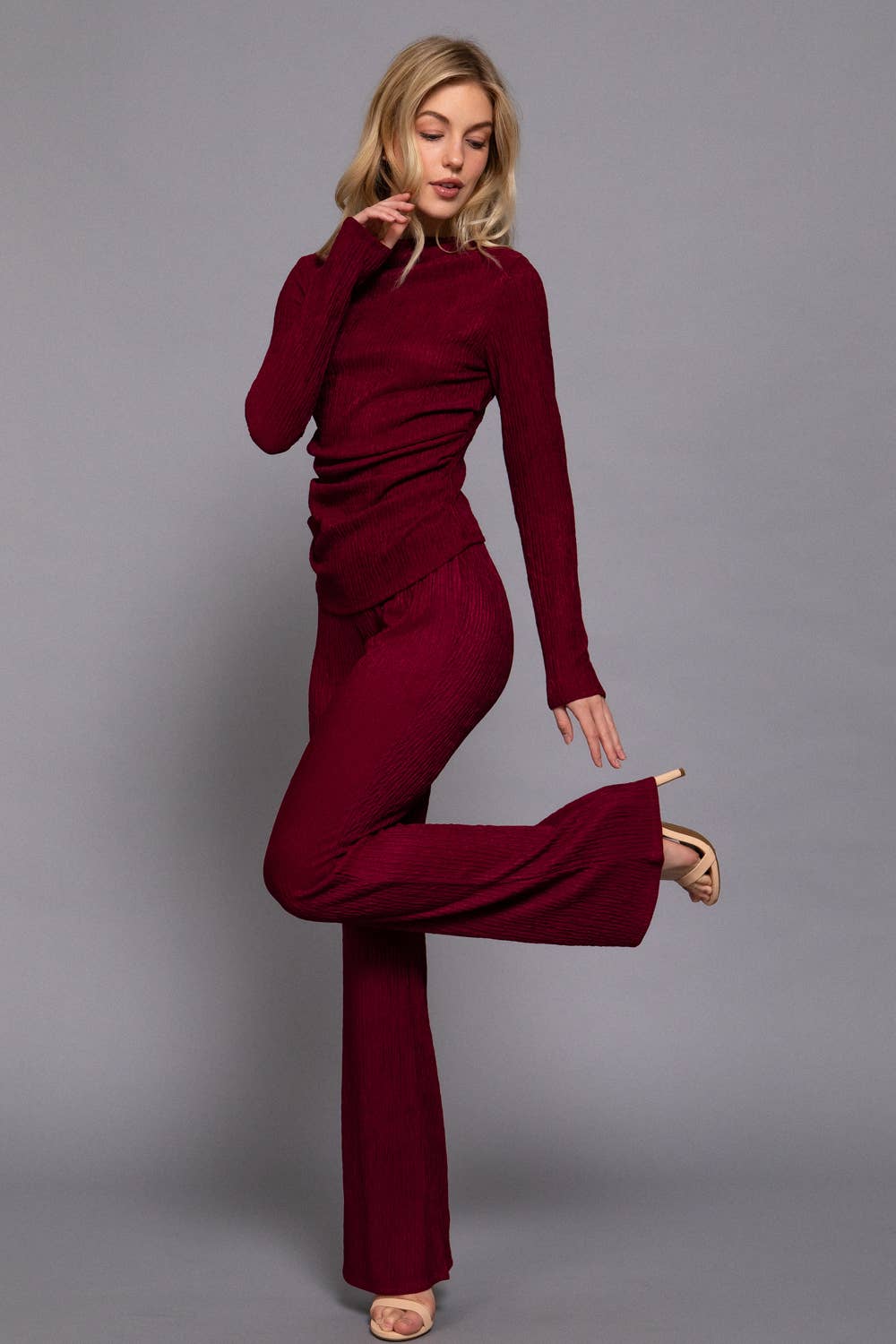 Long Sleeve Draped Top & Waist Band Flare Pants Set: BRG-wine / L-Two Piece Set-Active Basic | Active USA-Shop with Bloom West Boutique, Women's Fashion Boutique, Located in Houma, Louisiana