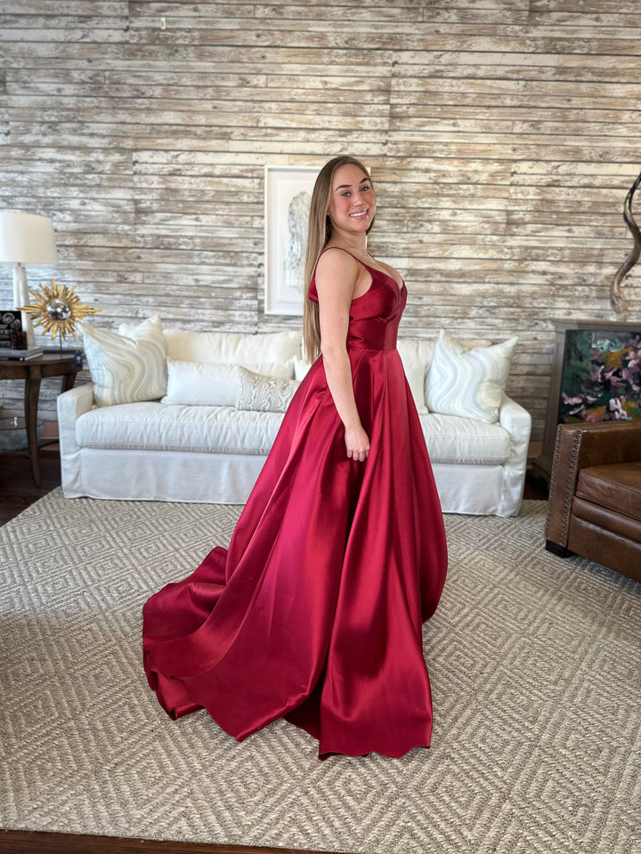 Annika Burgundy Wine Satin Gown-Formal Gowns-Ruby Prom-Shop with Bloom West Boutique, Women's Fashion Boutique, Located in Houma, Louisiana