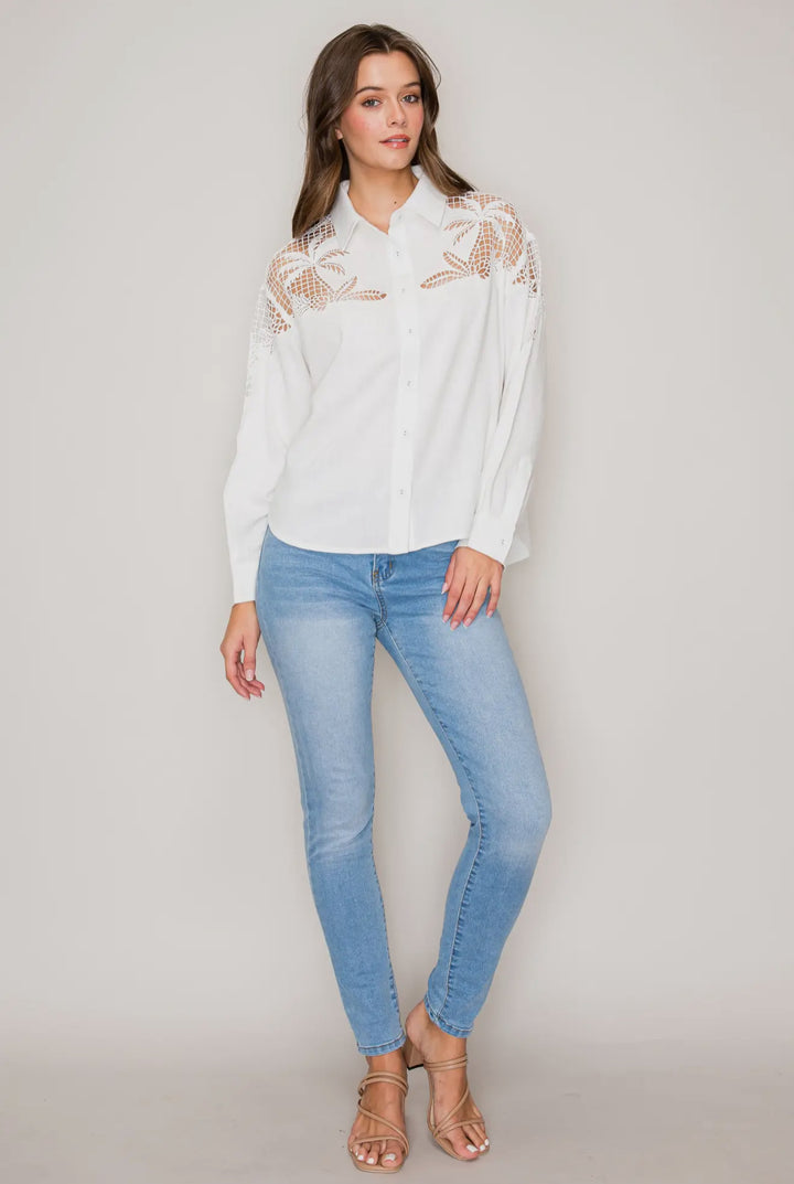 Eyelet Elegance Button Down-Tops-Curds & Whey-Shop with Bloom West Boutique, Women's Fashion Boutique, Located in Houma, Louisiana