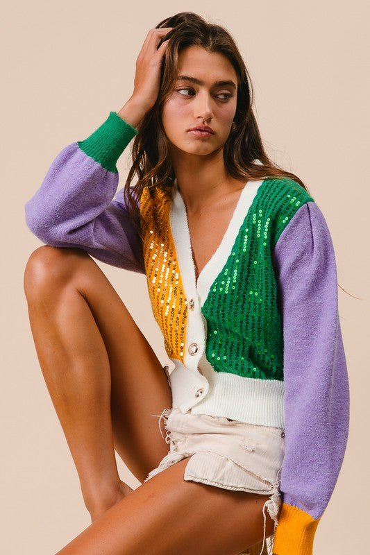 Mardi Gras Color Block Sequin Cardigan PREORDER-Cardigans-Bibi-Shop with Bloom West Boutique, Women's Fashion Boutique, Located in Houma, Louisiana