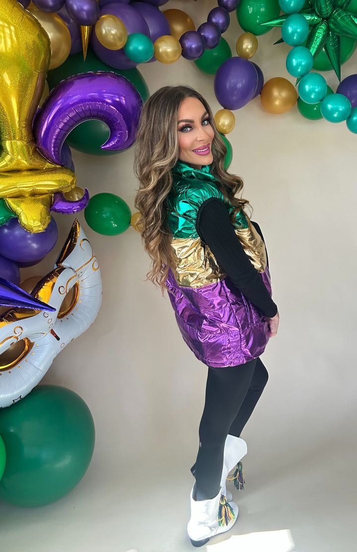 Mardi Gras Color Block Puffer Vest PREORDER-Jackets-Wona Trading-Shop with Bloom West Boutique, Women's Fashion Boutique, Located in Houma, Louisiana