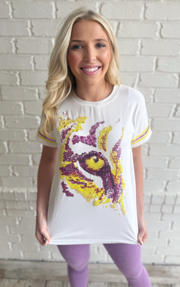 Purple and Gold Tiger Eye T- Shirt-Graphic Tees-Bloom West Boutique Custom-Shop with Bloom West Boutique, Women's Fashion Boutique, Located in Houma, Louisiana