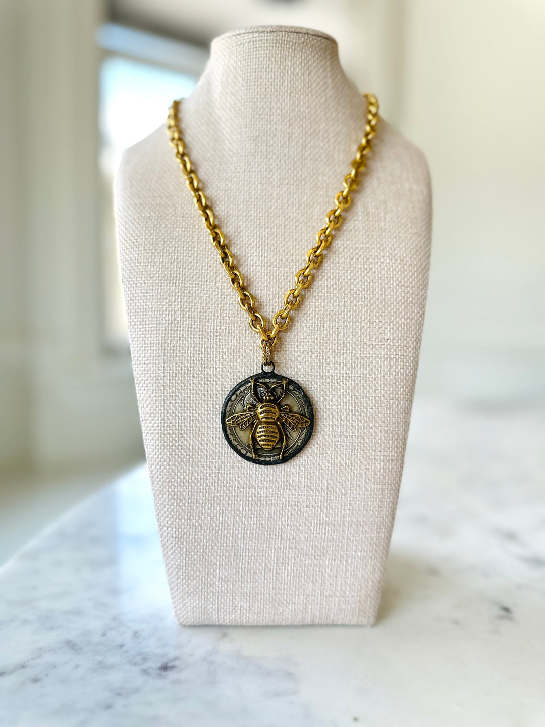 Antique Gold Chain W Coin & Bee Pendant-Necklaces-Lula n Lee-Shop with Bloom West Boutique, Women's Fashion Boutique, Located in Houma, Louisiana