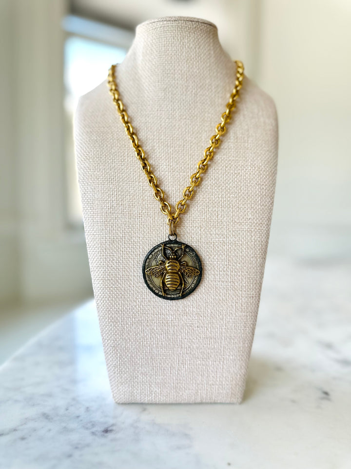 Antique Gold Chain W Coin & Bee Pendant-Necklaces-Lula n Lee-Shop with Bloom West Boutique, Women's Fashion Boutique, Located in Houma, Louisiana