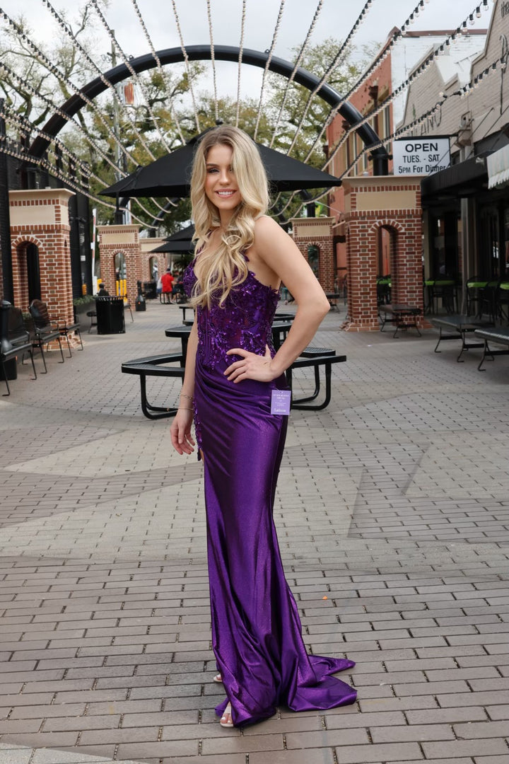 Katanna Stretch Satin Glitter & Lace Fitted Gown-Formal Gowns-17 young dress-Shop with Bloom West Boutique, Women's Fashion Boutique, Located in Houma, Louisiana