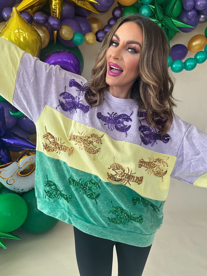 Cleopatra Sequin Crawfish washed Mardi Gras Sweatshirt PreOrder-Graphic Sweaters-Bibi-Shop with Bloom West Boutique, Women's Fashion Boutique, Located in Houma, Louisiana