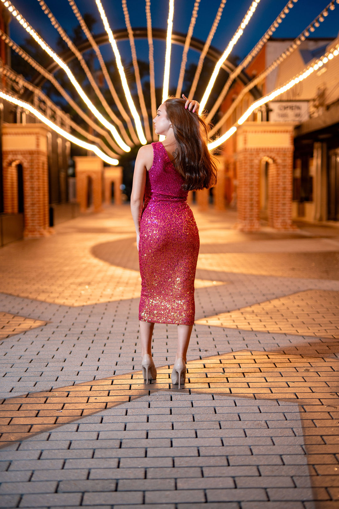 Talia Fuchsia Ombre Sequin Dress-Midi Dresses-Bloom West Boutique-Shop with Bloom West Boutique, Women's Fashion Boutique, Located in Houma, Louisiana