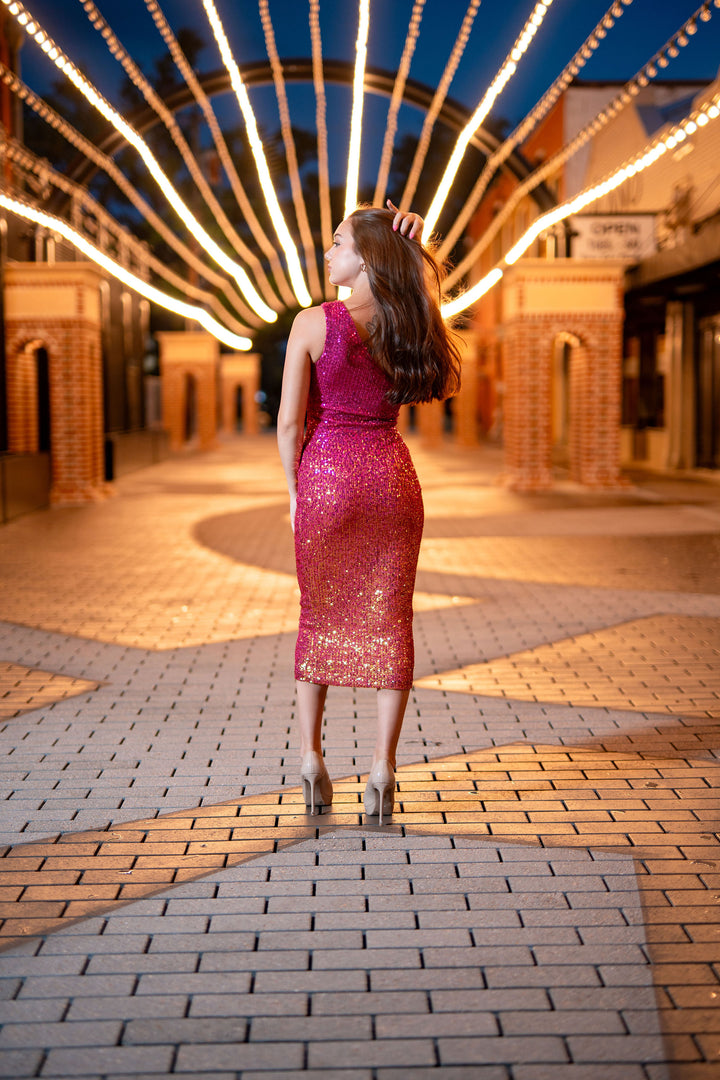 Talia Fuchsia Ombre Sequin Dress-Midi Dresses-Bloom West Boutique-Shop with Bloom West Boutique, Women's Fashion Boutique, Located in Houma, Louisiana